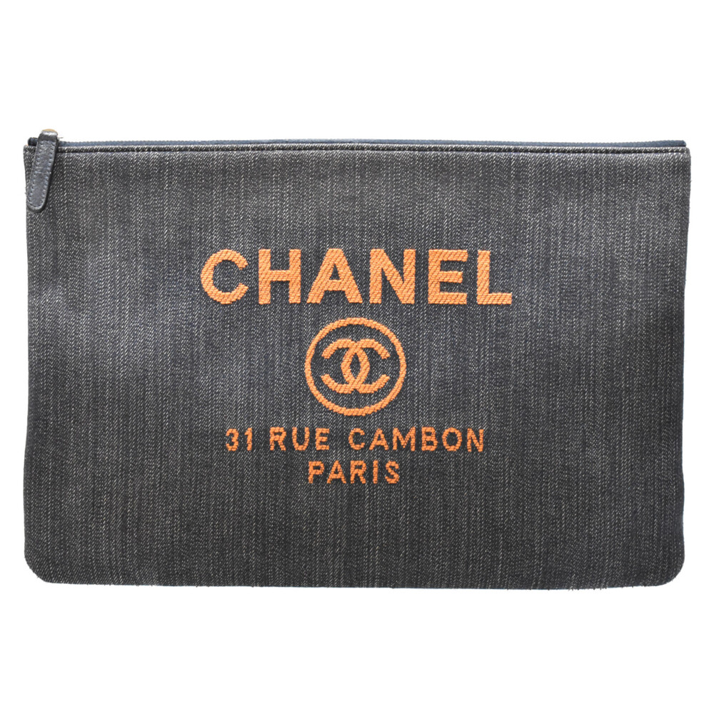 CHANEL Deauville Clutch Navy Blue Orange Denim Bag Pouch